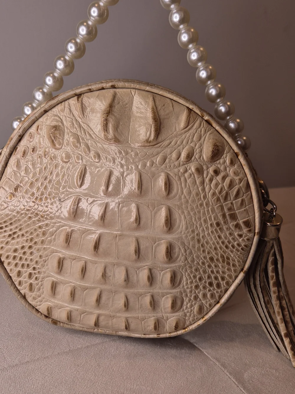 Brahmin Cream Croc-Embossed Leather Round Top Handle Bag With Pearl Strap